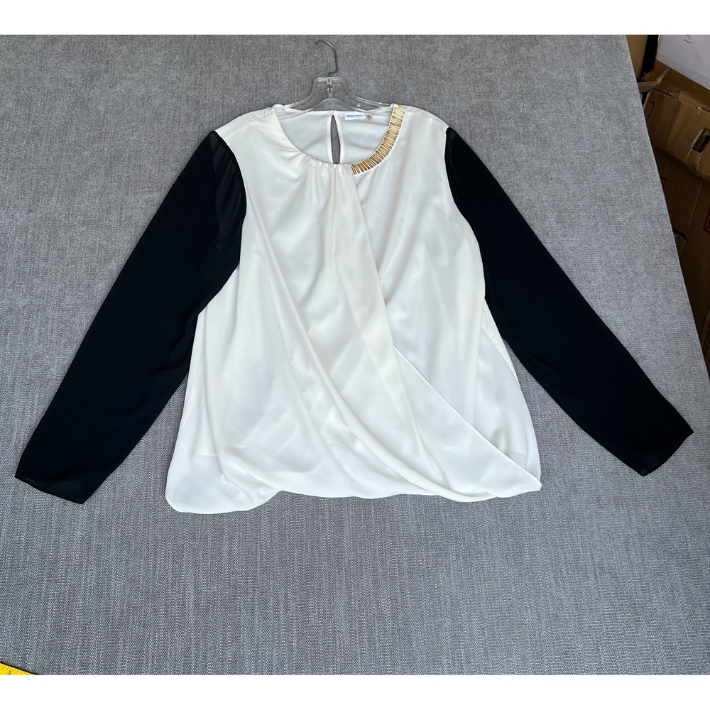 DKNY Wrap Top Womens 1X White Black Chiffon Long Sleeve Beaded Neck Keyhole Back